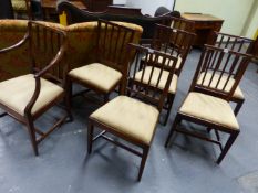 A SET OF SIX MAHOGANY SHERATON STYLE DINING CHAIRS TOGETHER WITH A PAIR OF SIMILAR ELBOW CHAIRS,