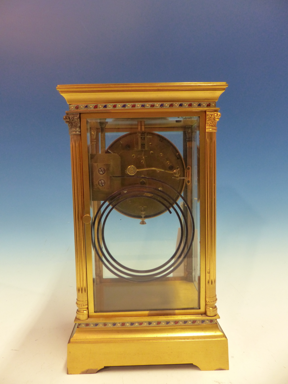 A FRENCH GILT METAL MOUNTED BEVELLED GLASS CASED MANTEL CLOCK STRIKING ON A COILED ROD, THE - Image 12 of 18
