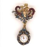 AN ANTIQUE FRENCH GOLD ENAMEL AND DIAMOND ARTICULATED PENDANT WATCH FITTED TO AN ASSOCIATED