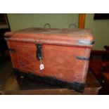 BRIGADIER FARRAN'S LEATHER TRUNK WITH IRON CLASP, HANDLES AND STRAPPED CORNERS, TWO RINGS ABOVE