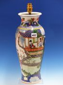 A CHINESE BALUSTER VASE AS A LAMP PAINTED WITH RIDERS LEAVING A PAVILION WATCHED BY TWO LADIES