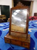 A 19th.C.WALNUT AND MAHOGANY SMALL DRESSING TABLE SWING MIRROR WITH A THREE DRAWER BASE. W.40 x H.