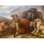 J.W.MORRIS. 19th.C.ENGLISH SCHOOL. HUNTERS AT REST, SIGNED OIL ON CANVAS. 77 x 127cms.