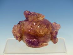 A CHINESE AMETHYST BOWL AND COVER, THE LATTER CARVED WITH BUDAI FINIAL, THE BODY WITH FIVE