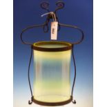 A CYLINDRICAL VASELINE GLASS CEILING LIGHT WITH IRON MOUNTS. H 42cms.
