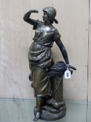 AFTER AUGUSTE MOREAU, A BRONZE FIGURE OF A FISDHERMAN'S WIFE STANDING BY A CAPSTAN LOOKING OUT TO