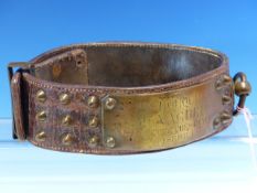 A BRASS STUDDED LEATHER COLLAR FOR MR VACHER'S DOG SOULOUQUE, HIS ADDRESS A L'ALOUETTE PRES HEYRIEUX