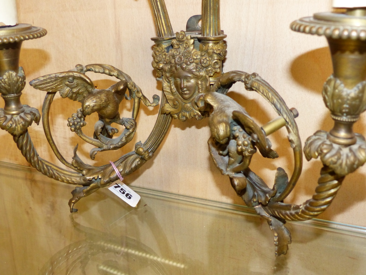 A PAIR OF ORMOLU TWO BRANCH WALL LIGHTS TOGETHER WITH A HANDBELL, THE FORMER WITH BACK PLATES TOPPED - Image 8 of 12