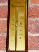 A LATE 20th.C.MAHOGANY BACKED VISIBLE TUBE STICK BAROMETER WITH ADJUSTABLE SCALE AND THERMOMETER.