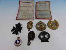 SEVEN VARIOUS CAP BADGES TOGETHER WITH COLDSTREAM GUARD PASSES FOR 1916 AND 1917.