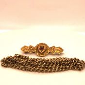 A 9ct GOLD CURB CHAIN, LENGTH 62cms, WEIGHT 16.4grms, TOGETHER WITH A 9ct GOLD VICTORIAN SWEET HEART