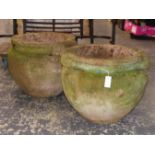 A PAIR OF ART NOUVEAU POTTERY TERRACOTTA PLANTERS,PROBABLY COMPTON THE TWO SCROLLS ON THE CIRCULAR