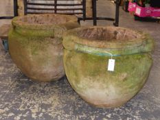 A PAIR OF ART NOUVEAU POTTERY TERRACOTTA PLANTERS,PROBABLY COMPTON THE TWO SCROLLS ON THE CIRCULAR