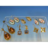 SEVEN PAIRS OF EARRINGS TO INCLUDE A PAIR OF ANTIQUE HAND PAINTED PORCELAIN PLAQUE PENDANT EARRINGS,