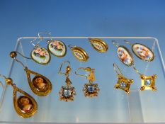 SEVEN PAIRS OF EARRINGS TO INCLUDE A PAIR OF ANTIQUE HAND PAINTED PORCELAIN PLAQUE PENDANT EARRINGS,