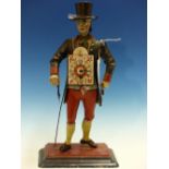 A CLOCK VENDOR FIGURAL CLOCK, HE STANDS WEARING RED BRITCHES, BLUE JACKET AND BLACK TOP HAT. H