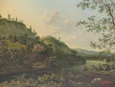 OLD MASTER SCHOOL A RIVERSCENE WITH FOREGROUND FIGURES AND CATTLE, OIL ON PANEL IN A CARVED GILTWOOD