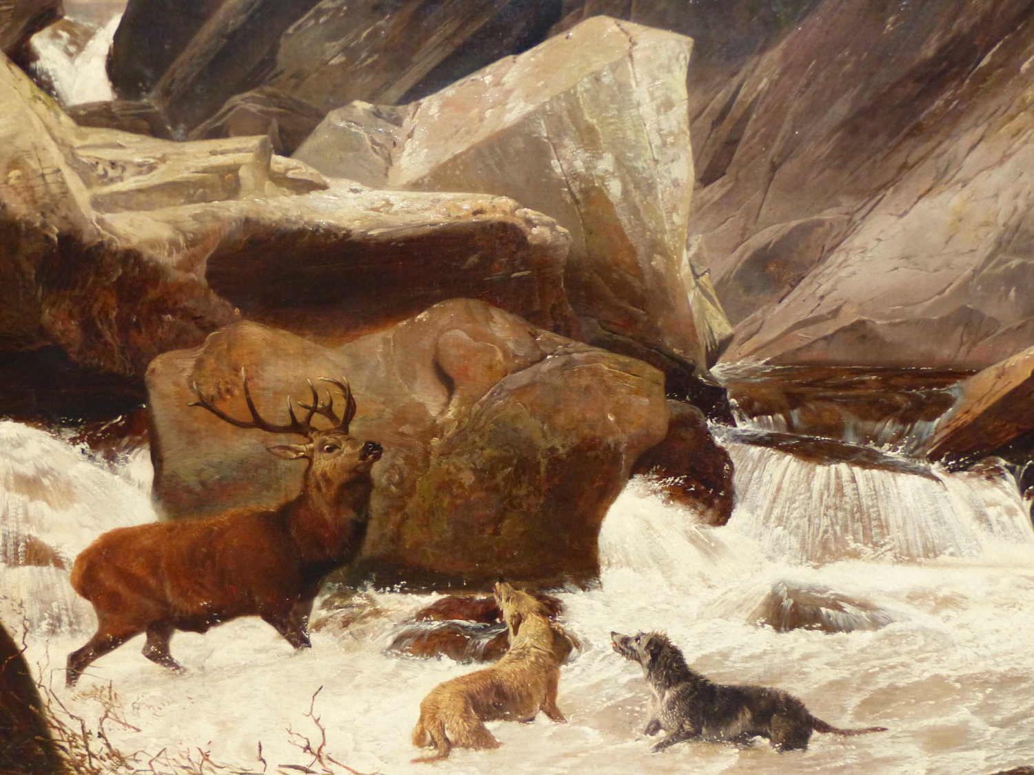 ATTRIBUTED TO RICHARD ANSDELL. (1815-1885) THE STAG AT BAY, OIL ON CANVAS.