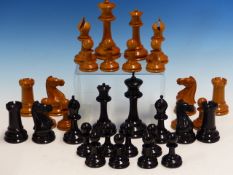 A MID 19th C. MAHOGANY BOXED CLUB SIZE JAQUES STAUNTON BOX AND EBONY CHESS SET, THE GREEN LABEL