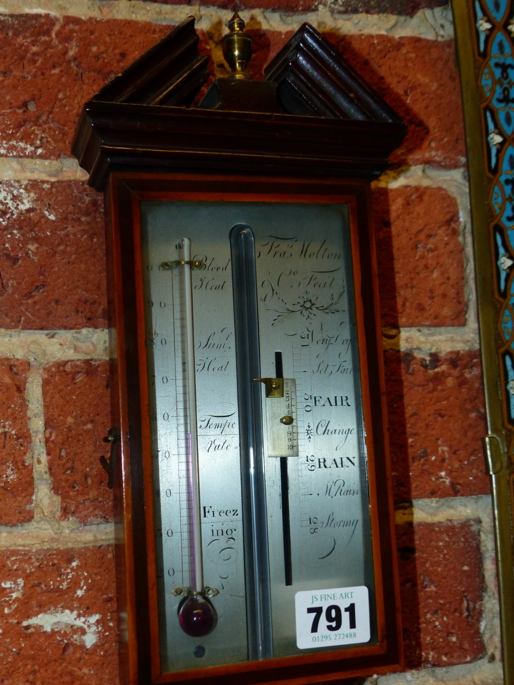 AN EARLY 19th.C.MAHOGANY AND INLAID CASED STICK BAROMETER TURNED RESERVOIR COVER, EXPOSED STEM AND - Image 3 of 10