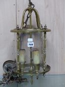 A BRASS AND CUT CYLINDRICAL GLASS THREE LIGHT LANTERN WITH FITTINGS, THE LANTERN. H 44cms.