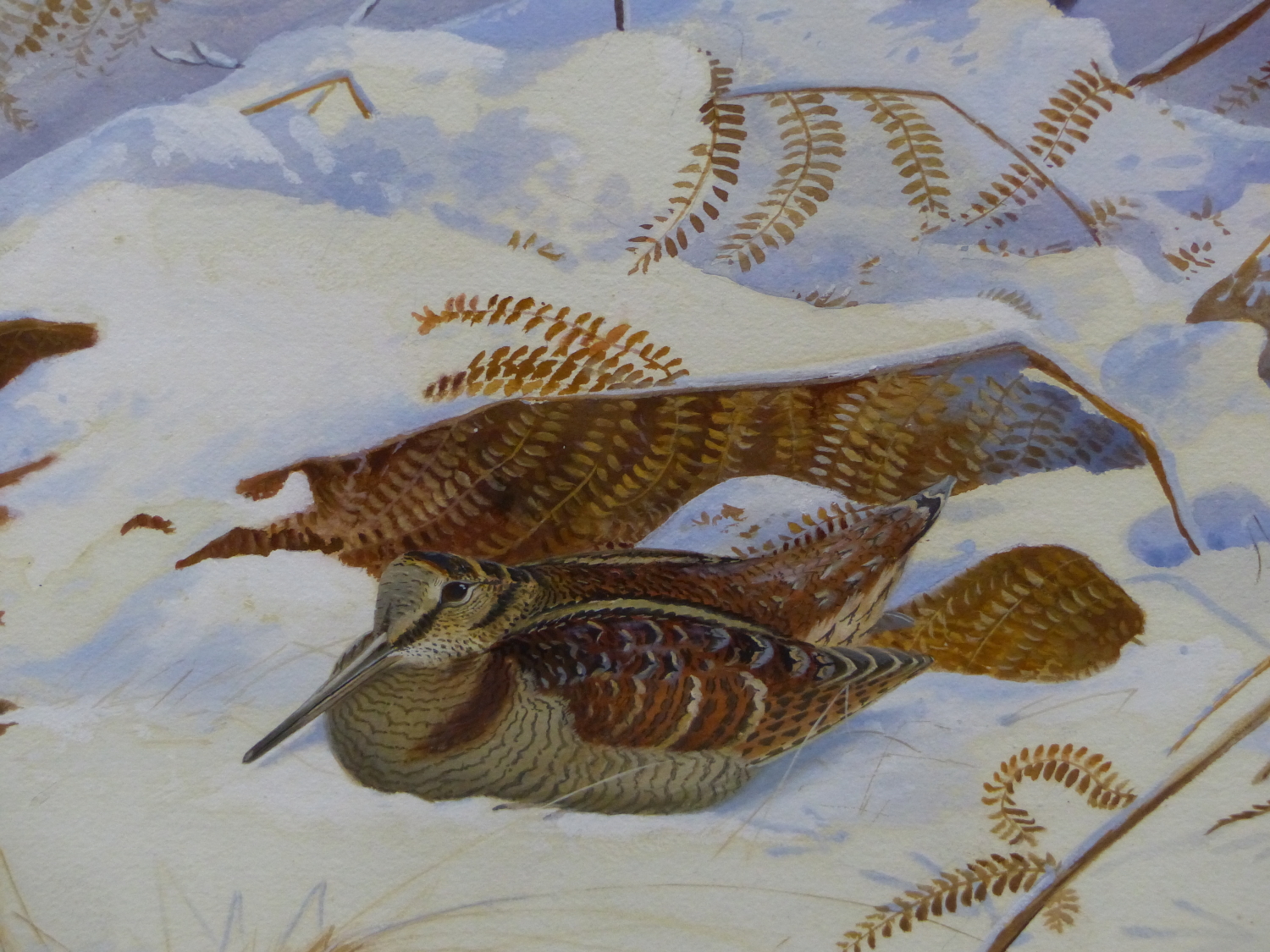 PHILIP RICKMAN. (1891-1982) ARR. WOODCOCKS IN SNOW, SIGNED AND DATED WATERCOLOUR WITH GALLERY - Image 4 of 16