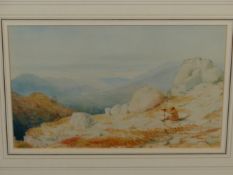 FOUR GILT FRAMED COLOUR PRINTS OF DEER STALKING IN THE HIGHLANDS TOGETHER WITH A PRINT ENTITLED