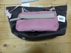 A NEW RADLEY TEFLON TREATED BROWN FABRIC HAND BAG WITH A PINK REMOVABLE POUCH WITH A STRAP TO