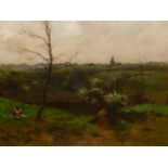 MAUD RAPHAEL JONES. (1863-1935) A RURAL VIEW WITH DISTANT VILLAGE, SIGNED OIL ON CANVAS. 45.5 x