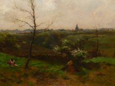 MAUD RAPHAEL JONES. (1863-1935) A RURAL VIEW WITH DISTANT VILLAGE, SIGNED OIL ON CANVAS. 45.5 x