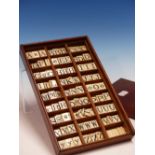 A 19TH. CENTURY BONE SPELLING ALPHABET CONTAINED WITHIN MAHOGANY SLIDE TOP BOX. APPROX 174 DOUBLE
