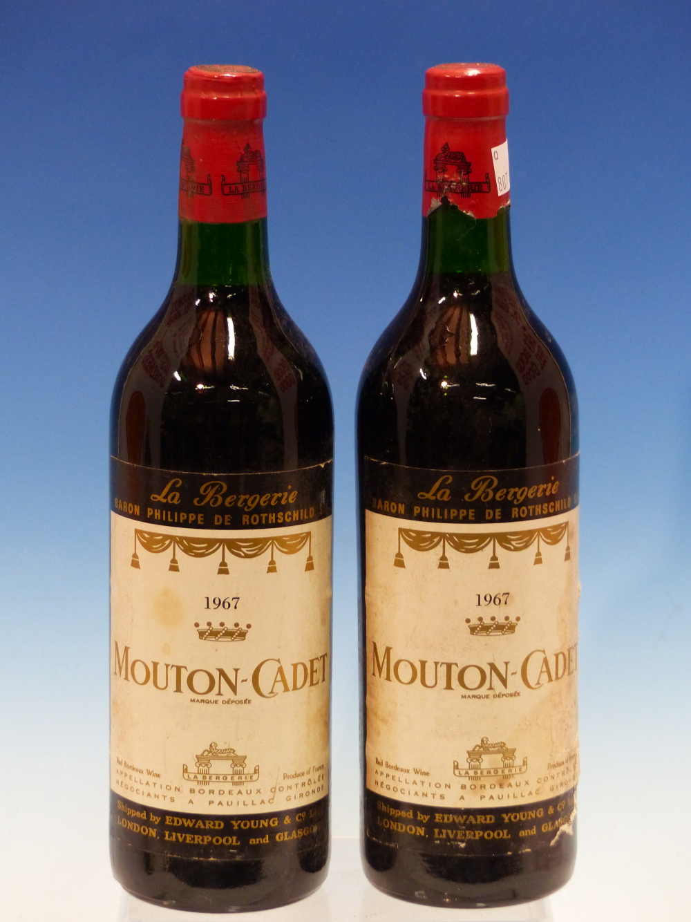 WINE. BARON PHILLIPE DE ROTHSCHILD MOUTON CADET 1967 2 x BOTTLES. (2)