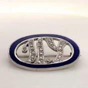 A 9ct HALLMARKED WHITE GOLD, DIAMOND AND BLUE ENAMEL MONOGRAM BROOCH, MEASURMENTS 3cms X 2cms,WEIGHT