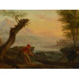OLD MASTER SCHOOL. AN ITALIANATE CLASSICAL RIVER SCENE WITH FOREGROUND FISHER FOLK, OIL ON CANVAS.