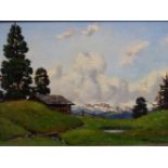 JULES WEGERER. (1886-1960) AN ALPINE VIEW, SIGNED OIL ON PANEL. 15 x 21.5cms.