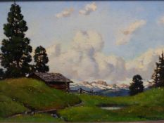 JULES WEGERER. (1886-1960) AN ALPINE VIEW, SIGNED OIL ON PANEL. 15 x 21.5cms.