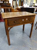 A GEORGIAN OAK SIDE TABLE, THE RECTANGULAR TOP OVER AN APRON DRAWER, C-BRACKETS JOINING THE