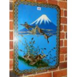A JAPANESE CLOISONNE PANEL WORKED WITH GEESE ON AND FLYING DOWN TO A WATER BANK GROWING MILLET