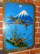 A JAPANESE CLOISONNE PANEL WORKED WITH GEESE ON AND FLYING DOWN TO A WATER BANK GROWING MILLET