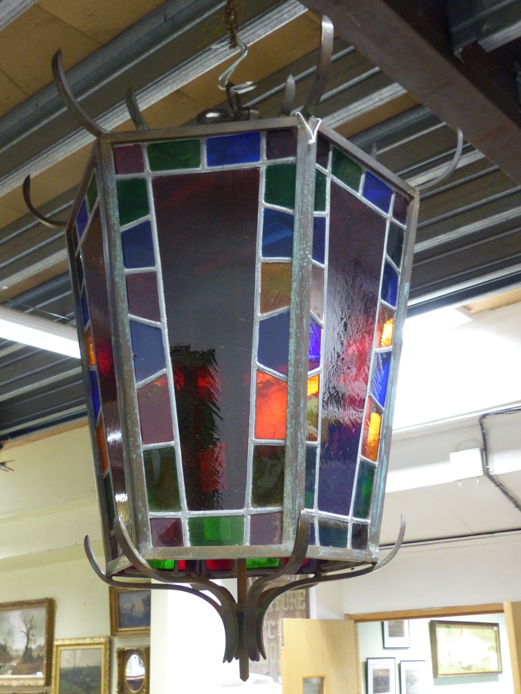 AN IMPRESSIVE BRONZE FRAMED HEXAGONAL HALL LANTERN WITH STAINED GLASS PANELS. MAX Dia.80cms x H. - Image 2 of 6