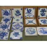 FIFTEEN DELFT BLUE AND WHITE TILES, MAINLY PAINTED WITH FLOWERS BUT THREE WITH FIGURES AND ONE