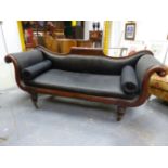 A Wm.IV.MAHOGANY SHOW FRAME SETTEE WITH SCROLL OVER ARMS, BRASS RAILS TO THE EDGES OF THE BLACK