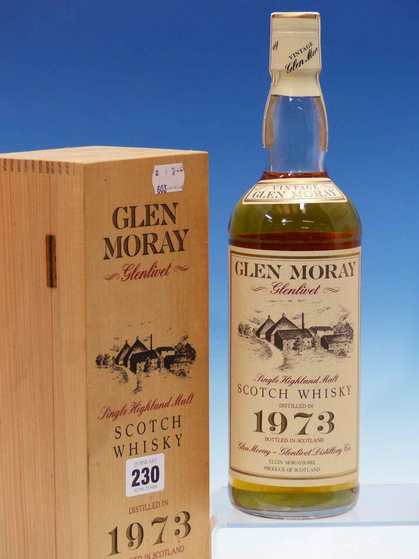 WHISKY. GLENMORAY, GLENLIVET SINGLE MALT 1973, 1 x BOTTLE, BOXED. (1)