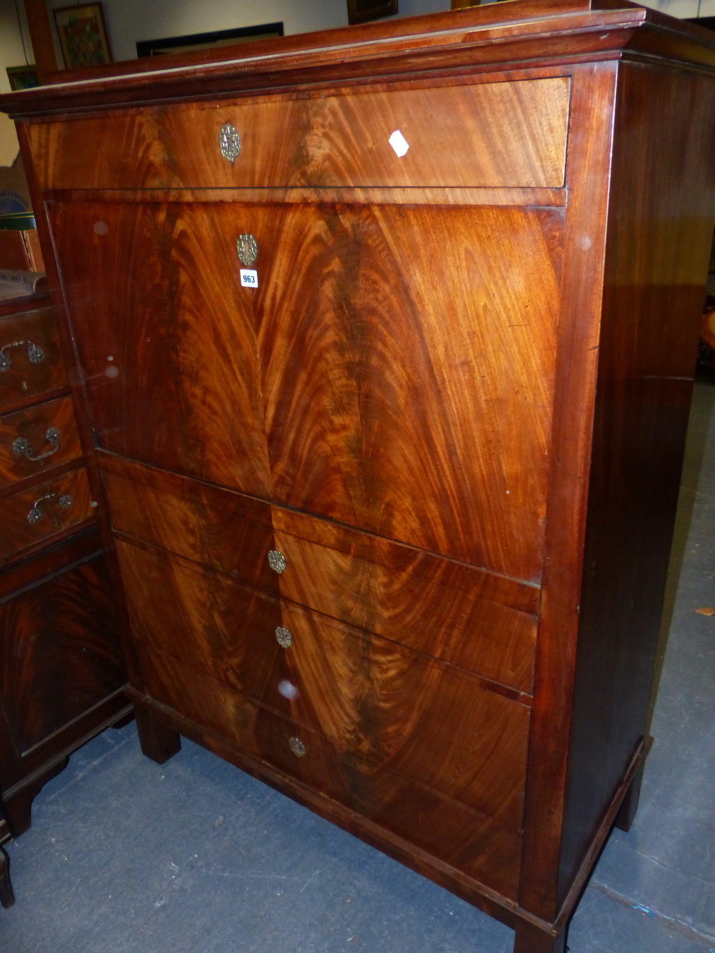 A 19th.C.FRENCH FLAME MAHOGANY FALL FRONT SECRETAIRE CABINET WITH FITTED INTERIOR AND FOUR LONG