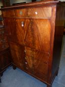 A 19th.C.FRENCH FLAME MAHOGANY FALL FRONT SECRETAIRE CABINET WITH FITTED INTERIOR AND FOUR LONG