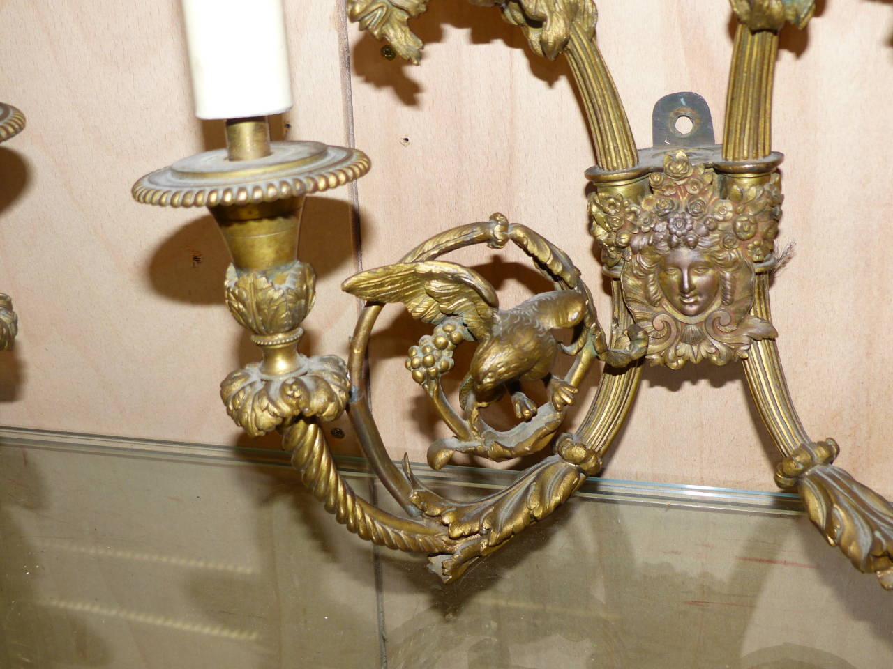 A PAIR OF ORMOLU TWO BRANCH WALL LIGHTS TOGETHER WITH A HANDBELL, THE FORMER WITH BACK PLATES TOPPED - Image 6 of 12