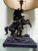 A SPELTER MARLEY HORSE SUPPORTED TABLE LAMP, THE RECTANGULAR PLINTH WITH FOUR BRASS BALL FEET. W