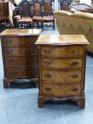 A PAIR OF WALNUT BEDSIDE CHESTS, EACH WITH FOUR SERPENTINE FRONTED DRAWERS ABOVE BRACKET FEET. W