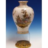 A 19th C. GERMAN BALUSTER VASE, THE SHOULDERS GILT WITH TWO PENDANTS OF DIAMOND DIAPER ABOVE FLOWERS
