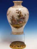 A 19th C. GERMAN BALUSTER VASE, THE SHOULDERS GILT WITH TWO PENDANTS OF DIAMOND DIAPER ABOVE FLOWERS